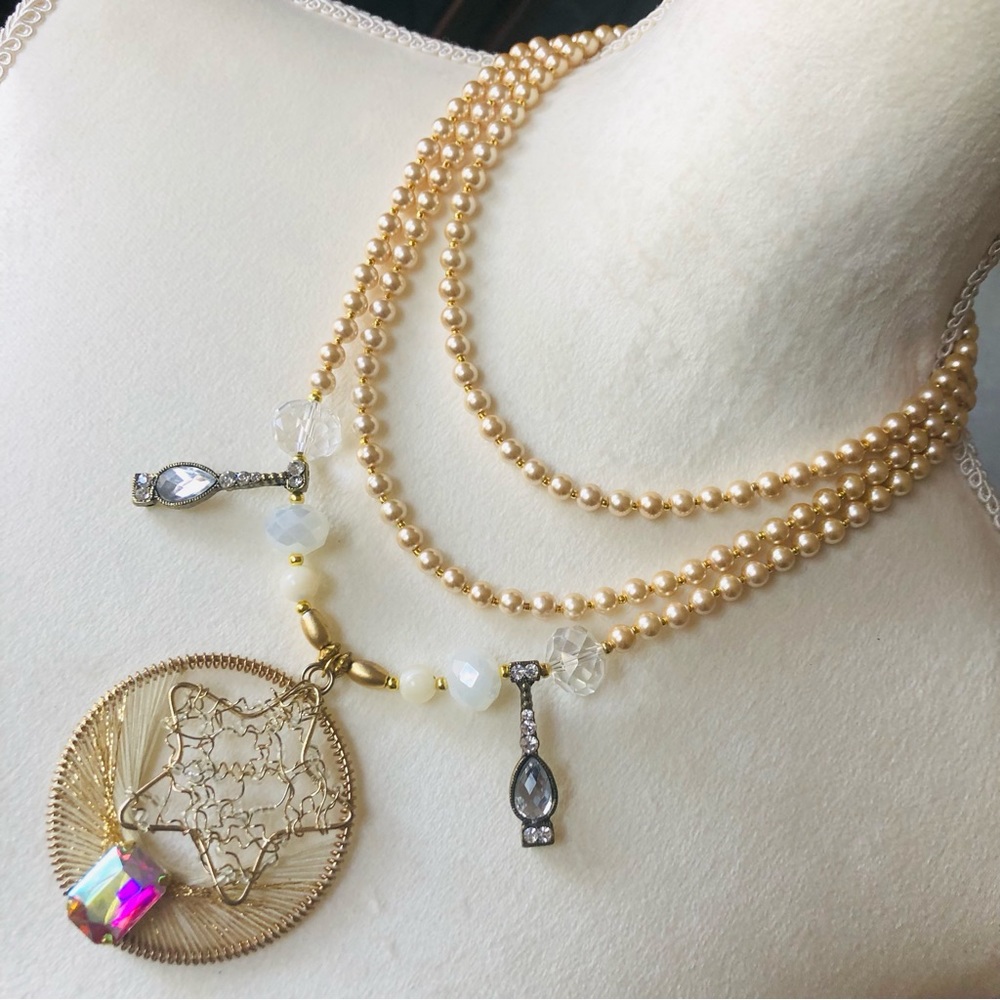 Handcrafted repurpose moon & stars gem Czech glass Pearl fancy clasp necklace